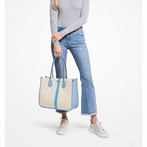 30. Heidi Large Stripe Canvas Tote Bag / CHAMBRAY MULTI COLOR